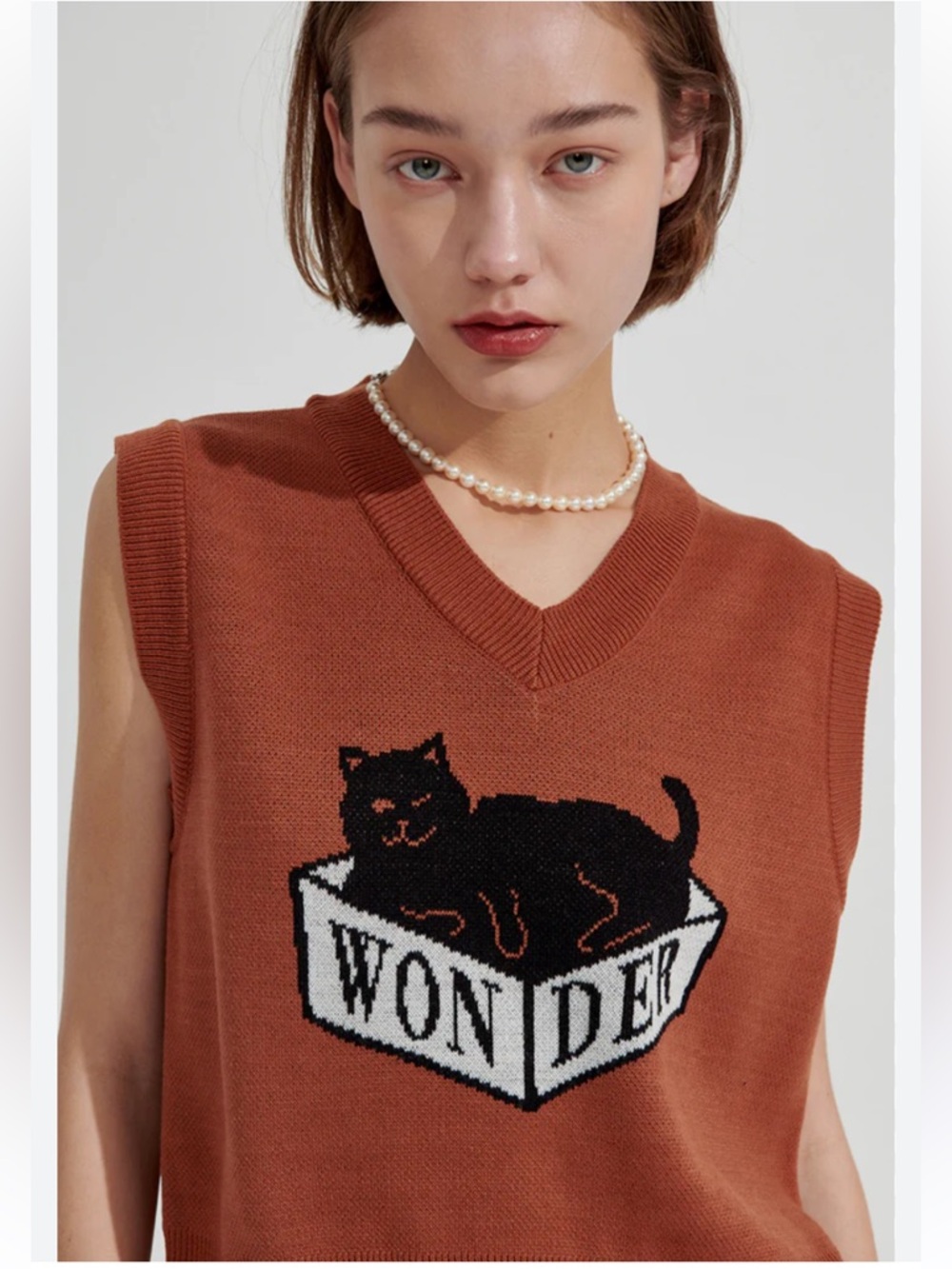 Box Cat Knit Vest in Rust with WONDER Graphic